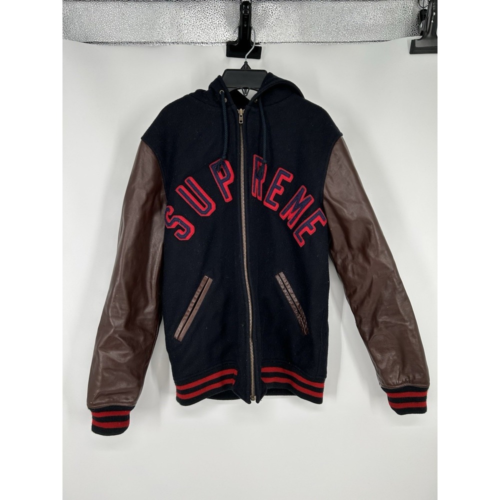 Supreme Hooded Varsity Jacket Wool Leather FW12 2012 Black Red Zip Up Medium